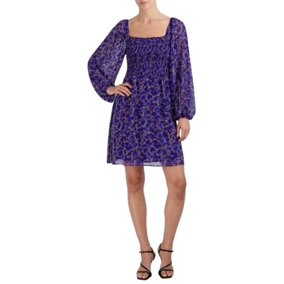 BCBG PARIS Vibrant Blue floral Smocked Dress size XL - Picture 1 of 5